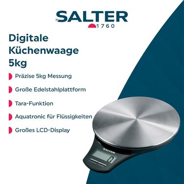 Кухонні ваги Salter 1035 SSBKDR - цифрові, електронні, зі знімною платформою з нержавіючої сталі, 5 кг, з функцією тарування, для вимірювання рідини, з батарейкою