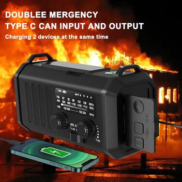 Радіостанція Leaton з ручним заводом, NOAA, AM/FM, 20000 mAh | Сонячна Power Bank, USB-C, ліхтарик, SOS-сигнал для кемпінгу та надзвичайних ситуацій (Чорний)