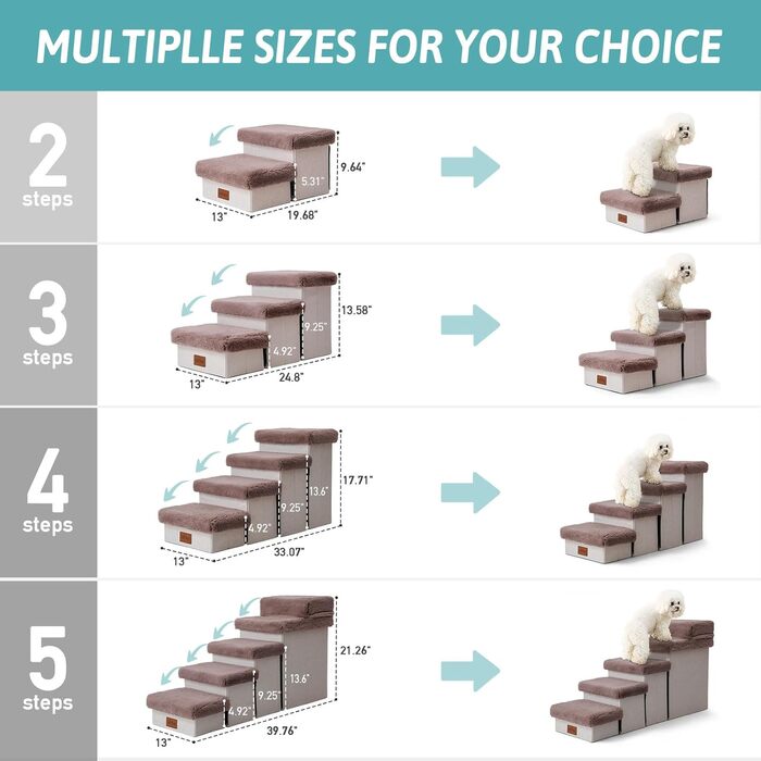 Pet Stairs for Small Dogs with Storage, Dog Stairs Foldable for Bed Couch, Dog Stairs Dog Ramp with Non-Slip Bottom, Leak-Proof, Up To 80kg, 33x8x5cm, Steps, (Brown, 5, 33x101x54cm)