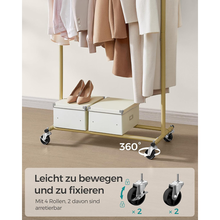 SONGMICS Clothes Rack on Wheels, Heavy-Duty Garment Rack, Extendable Clothes Rod, Load Capacity up to 100 kg, Easy Assembly, Portable, HSR13S (Pale Gold, (92-132) cm Width)
