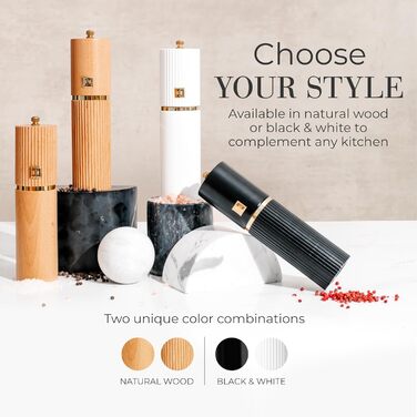 Набір для солі та перцю Styled Settings – біло-чорний з золотом, ручний, 2 шт., з регульованим керамічним жорном та дерев'яною підставкою
