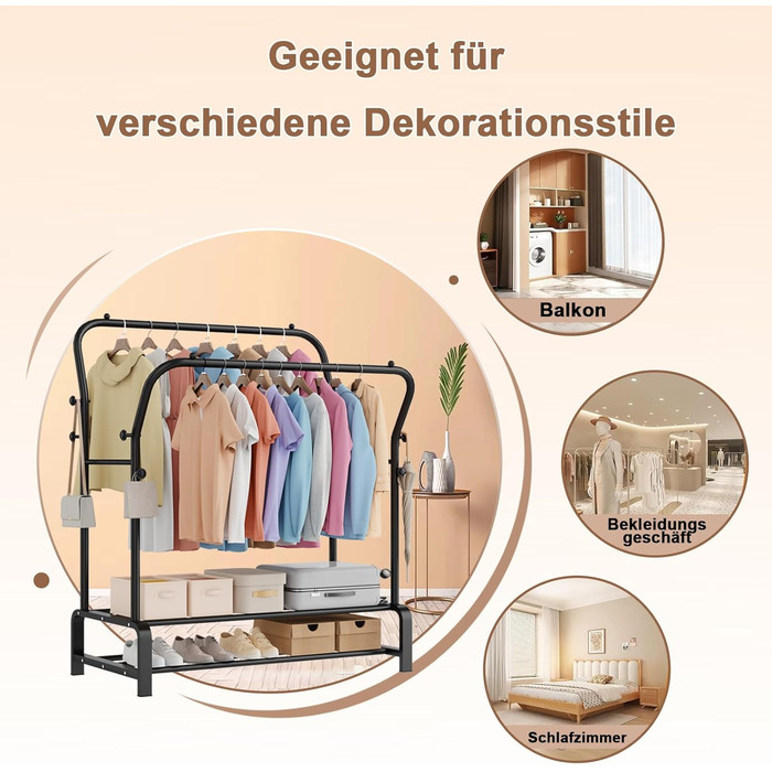 Вішалка для одягу металева подвійна Stabil з 8 гачками та 2 полицями для взуття, чорна – функціональна стійка для спальні