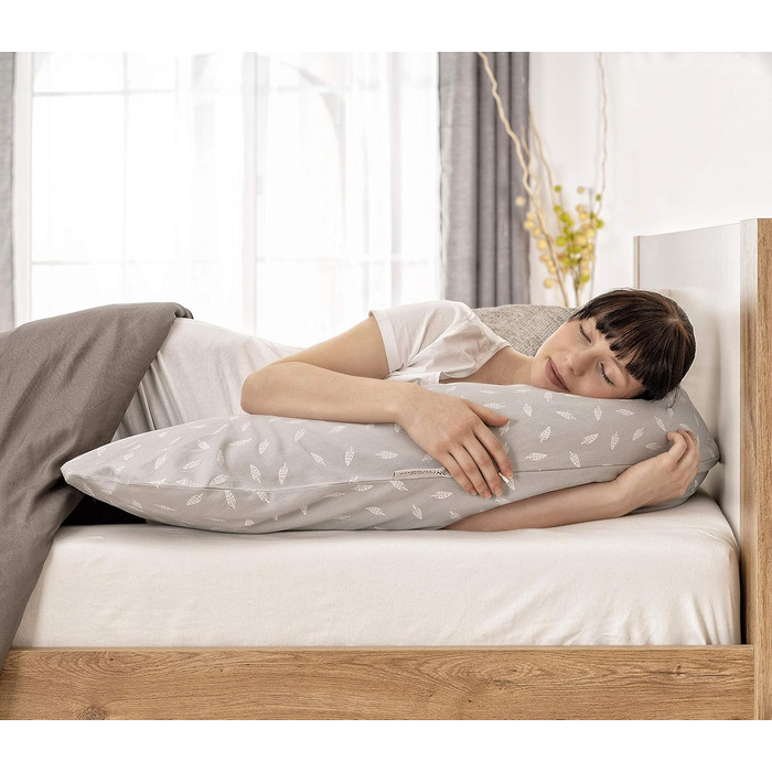 Theraline Original Nursing Pillow & Pregnancy Pillow - 190cm including 100% cotton cover - Filling with quiet micro beads - Positioning pillow, tested for harmful substances - Leaves Grey White