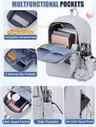 Жіночий рюкзак FIORETTO для дівчаток та хлопчиків, підходить для ноутбука 15.6 дюймів, з антикрадійним кишеням, ідеальний для школи, коледжу, подорожей, зелений (світло-сірий)