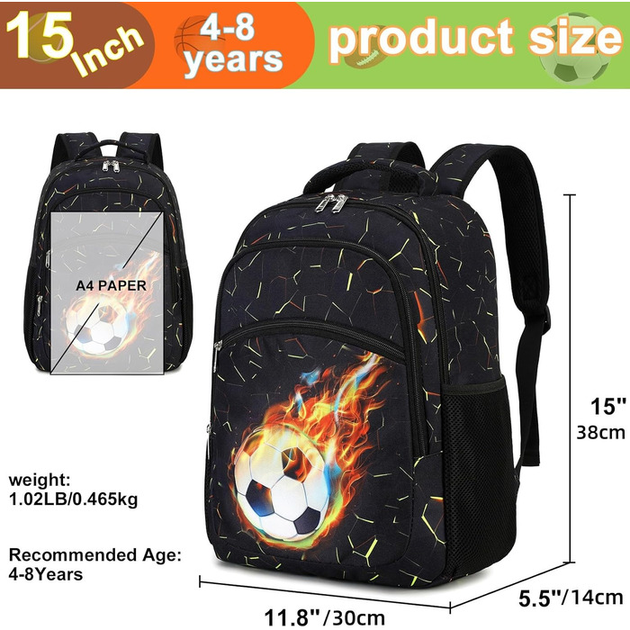 Дитячий рюкзак для школи LOIDOU: безпечний, легкий, з принтом полум'я/футбол, для хлопчиків та дівчаток