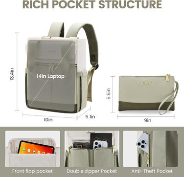 LOVEVOOK Рюкзак для жінок, великий, 15.6 дюймів, рюкзак для ноутбука, шкільний рюкзак, для підлітків, водонепроникний, сумка для роботи, сумочка 2 в 1, сумка для навчання, рюкзак для подорожей, університету, бізнесу, бежевий хакі 15.6' (13,3 дюймів, світл