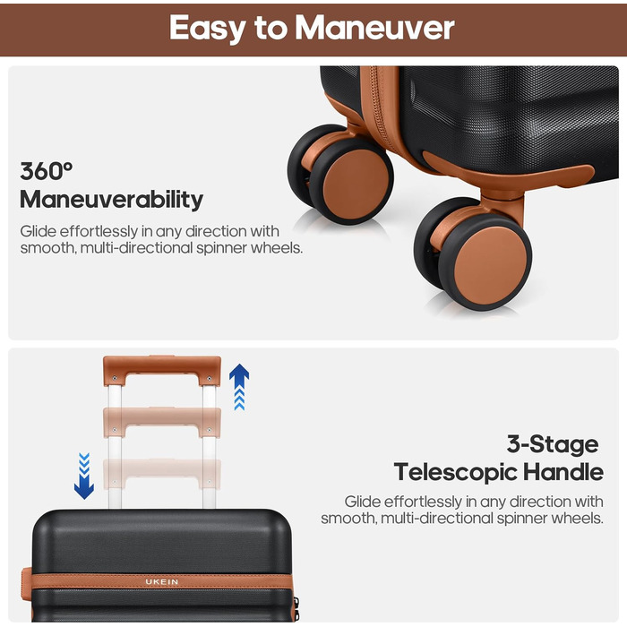 Набір валіз UKEIN 3 шт. з жорстким корпусом, для подорожей, з TSA замком та спіннер колесами. Включає рюкзак та косметичку. (Чорний/Коричневий)