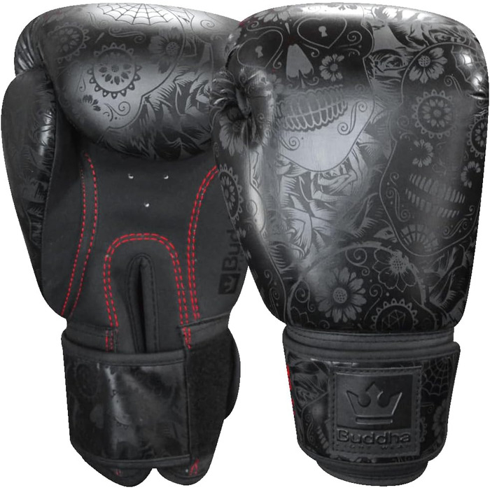 Buddha Fight Wear Luzbel Boxing Gloves - Muay Thai & Kickboxing - Premium PU Leather - Odor Resistant - Reinforced Stitching - 16oz - Black & Matte Black