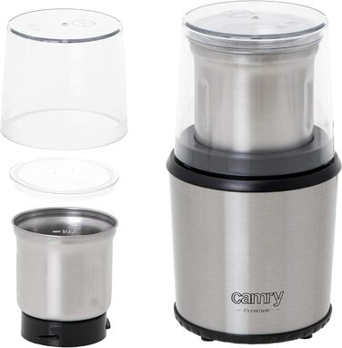 CAMRY CR 4444 Coffee Grinder with Safety Lid, 75g Capacity, 400W, Stainless Steel Housing, Safe Electric Grinder with Spoon, Electric Propeller Grinder with Transparent Lid, Silver