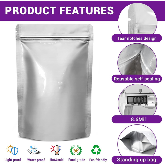 Mylar bags with oxygen absorbers for food, 43.5 x 71 cm, 25 x 35 cm, 1 Quart 15 x 22 cm, 8.6 Mil, Mylar bags with oxygen absorber 23000cc + Labels, vacuum sealer bags (50 pieces)