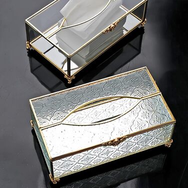 SLHEQING Tissue Box Gold Cosmetic Tissue Box Rectangular Tissue Dispenser Tissue Box made of Glass and Metal Tissue Box for Dresser Bathroom Decor Living Room Bedroom Office