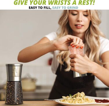 Набір з 2 шт. мельниць для солі та перцю Oliver's Kitchen® - преміум керамічні жорна, велика ємність, регульований ступінь помелу, ручний дозатор
