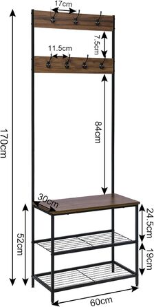 WOLTU Coat Rack Clothes Rack Laundry Rack Shoe Shelf with Seat, with 7 Hooks, Wood and Steel, Hanging Shelf, Black Vintage