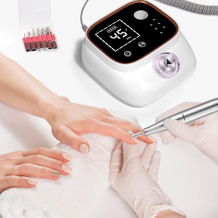 Електрична нігтьова пилка професійна 45000 об/хв з LCD-дисплеєм для гелю та акрилу, з фіксацією біт, набір для манікюру та педикюру, білий