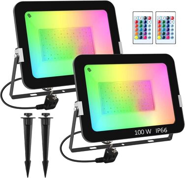 T-SUN 2 Pack LED Flood Lights Outdoor, 100W RGB Floodlights with Remote Control, Color Changing LED Floodlight with 16 Colors 4 Modes, IP66 Waterproof Floodlight for Indoor Gardens Backyards Courtyards