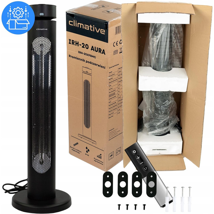 Інфрачервовий обігрівач Climative 2500W з 9 рівнями, IP65 для тераси та приміщення, настінний, з пультом та таймером, чорний (Aura)