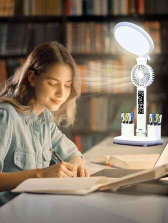 LED-лампа настільна з вентилятором для дітей WLHONG з годинником, тримачем для ручок, календарем та датчиком температури, 3 режими температури кольору, кругла
