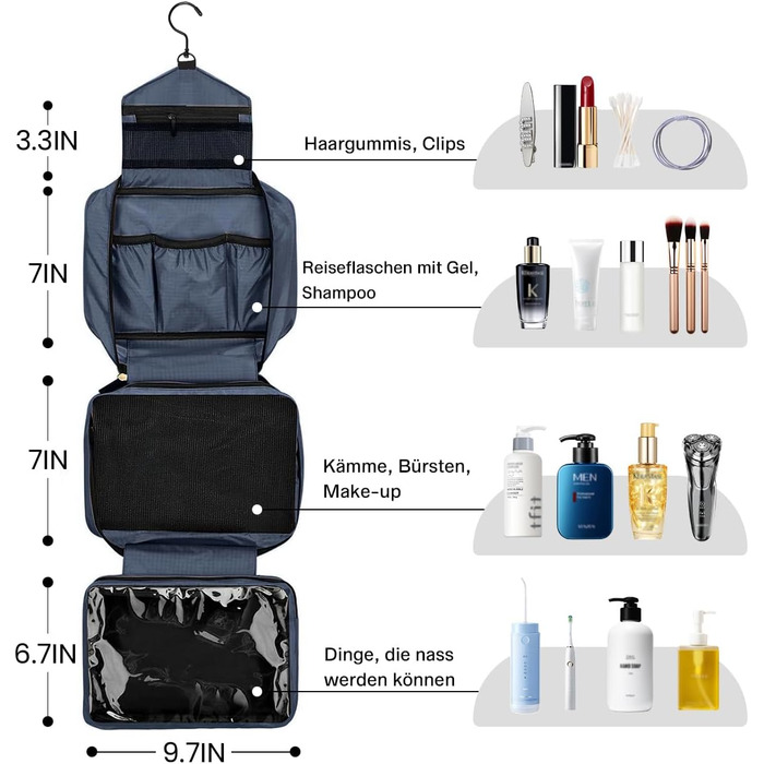 Сумка для туалетних аксесуарів на гачок, велика дорожня сумка-органайзер для жінок та чоловіків, 4-в-1 водонепроникна, армійний зелений (темно-синій)