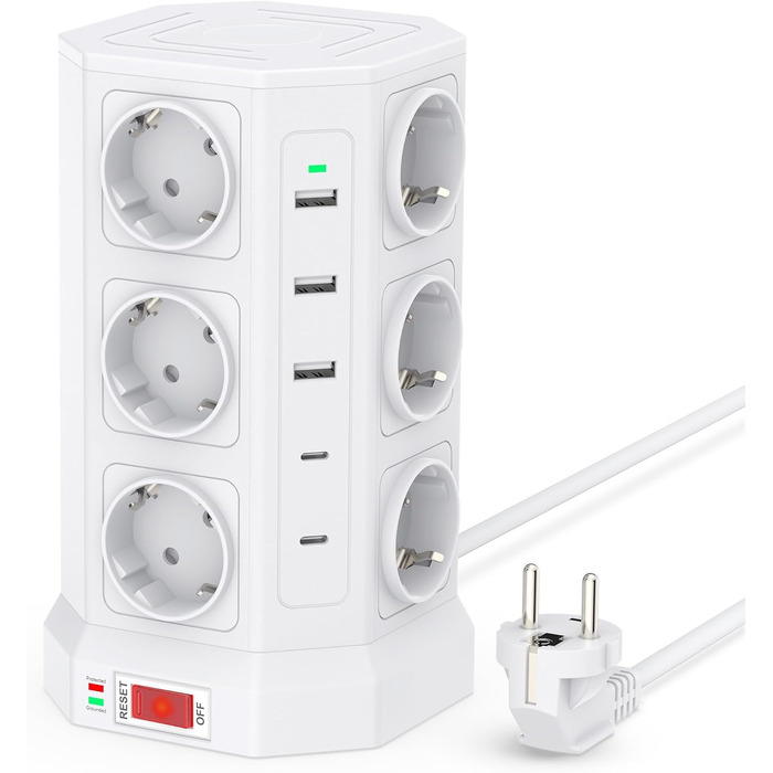 Блок розеток із захистом від перенапруги (3680W/16A), 12 розеток з 5 USB, мережевий фільтр з вимикачем, 1,5м кабель, захист 1050J, для дому/офісу, білий