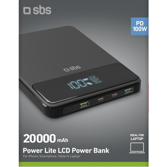 PowerBank SBS 20000 mAh 100W з LCD-дисплеєм: заряд для ноутбука, телефону, планшета, MacBook, iPad