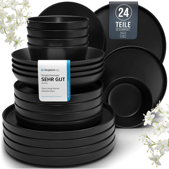Matte Black Stoneware Dinnerware Set for 6 - 24 Piece Set | Pure Living | Urban Style Dinner Set