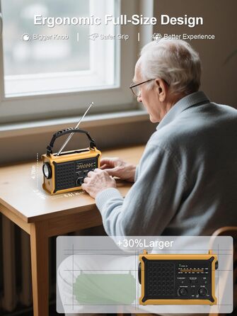 Радіостанція ROCAM на сонячній батареї та з ручним генератором, 12000mAh, AM/FM, LED ліхтарик, USB, SOS, IPX6, для кемпінгу та надзвичайних ситуацій (Жовтий)