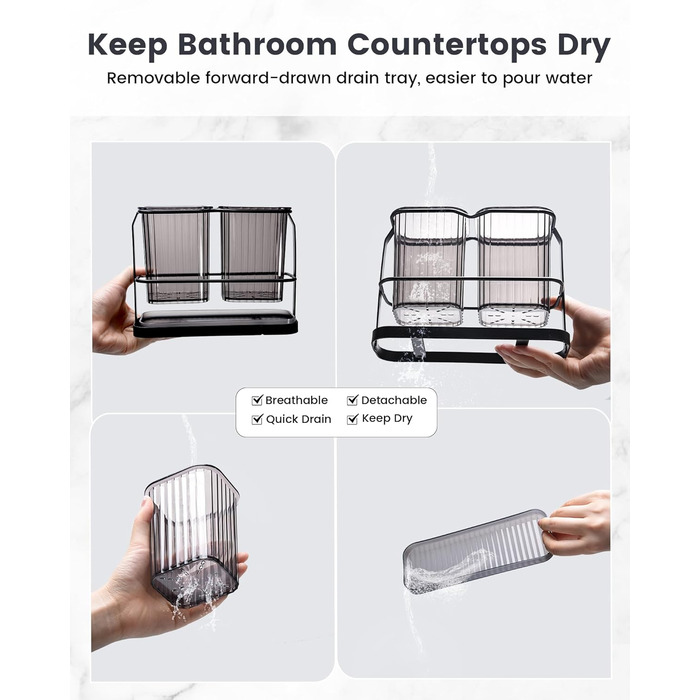 KONE Toothbrush Holder, Wall Mount, Bathroom, Hanging Electric Toothbrush Holder with 2 Removable Compartments, Drainage, Dry and Wet Separation for Bathroom, Kitchen, Family (White) (Black)