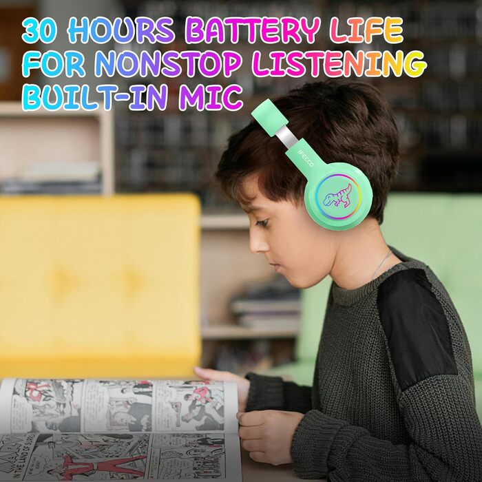 Бездротові навушники IFecco для дітей з мікрофоном, Bluetooth, LED-підсвітка, котячі вушка, чохол. Сумісні з iPad, планшетами та смартфонами.