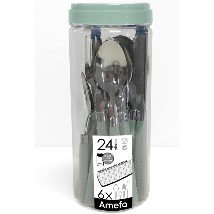 Amefa PAILLE Cutlery Set, 24-Piece | Cutlery Set for 6 People | Stainless Steel, Dishwasher Safe | Cutlery with Colorful Handles in Pastel Green | Dinner Cutlery