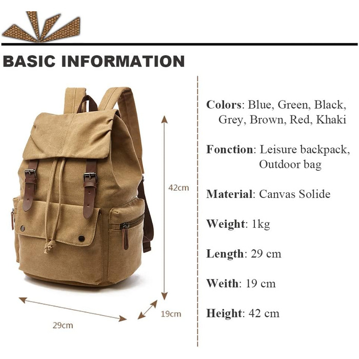 Canvas Backpack Vintage for Laptop Daypack Hiking Travel Large Capacity Bag Unisex (Khaki)