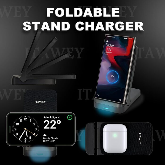 Бездротова зарядка 15W, складана, кабель 1.5м + USB-адаптер, сумісна з iPhone 15/14/13/12/11, Galaxy S25/S24/S23/S22/S21/S20/S10 та усіма Qi-пристроями, білий (чорний) колір