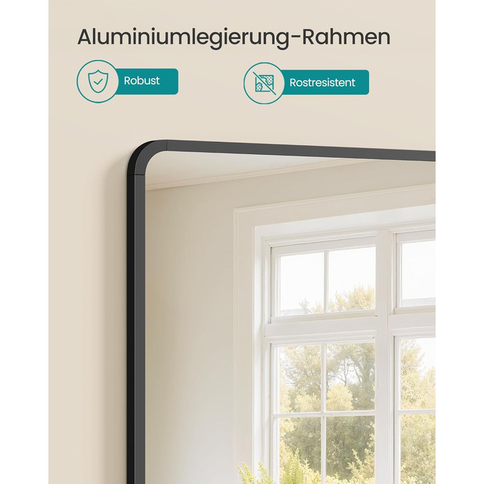 Дзеркало для ванної кімнати SONGMICS, прямокутне, з алюмінієвою рамою, 91 x 61 см, з захисною плівкою, 2 способи кріплення, для ванної, спальні та вітальні, чорний колір