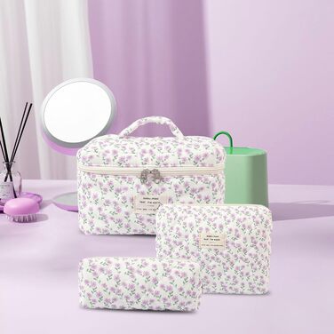 Набір косметичок для подорожей для жінок, 3 шт. з бавовни, великі культки з квітковим принтом для косметики та аксесуарів (фіолетовий павіан)