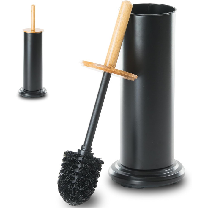 Щітка для туалету Leadfun з бамбуковою ручкою, металевим тримачем, 2 насадки, посилена основа (чорний)