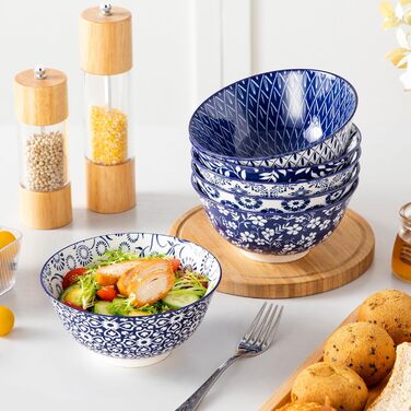 Набір мюслі-тарілок Vancasso Selene (6 шт.) з порцеляни, 720 мл – блакитно-білі керамічні тарілки для мюслі, салату, супу, рамену, фруктів та десерту