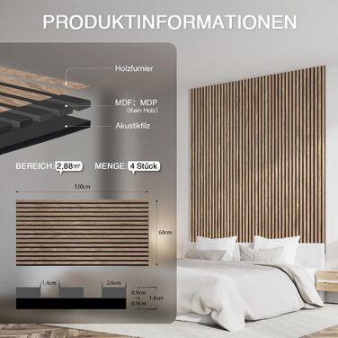 Акустичні панелі дерев'яні Holz 120x60 см, набір 4 шт (2,88 м²) 3D, шпон та повсть для студії, вітальні, офісу - Walnuss #4