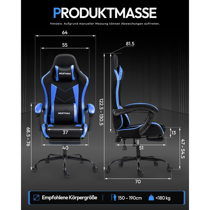 Геймерське крісло Nexthra Ergonomisch з підставкою для ніг, до 180 кг, блакитне. Регульована спинка 150°, для геймінгу та офісу