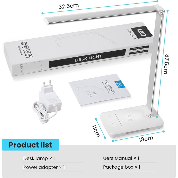 LED лампа настільна диммерна 560LM - офісна лампа з 5 режимами кольору та 10 рівнями яскравості, з нічним світлом, USB-портом, функцією пам'яті та таймером, 10W - білий (адаптер 24w - сріблястий)