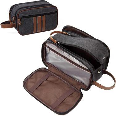 KASGO Toiletry Bag for Men and Women - Large Travel Toiletry Bag, Water-Resistant Cosmetic Bag with 3 Compartments and Leather Holder, for Bathroom, Gym, and Travel, Dark Grey