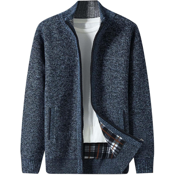Кардиган чоловічий з кишенями, чоловіча в'язана куртка на блискавці, світшот без капюшона, пуловер-куртка однотонний флісовий кардиган, чоловічий пуловер, осінній кардиган для брюк (M, Синій)