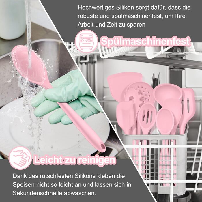 Набір кухонних аксесуарів Homikit 16 шт. з тримачем, кухонне приладдя, термостійкий посуд, кухонне начиння, придатний для миття в посудомийній машині (рожевий)