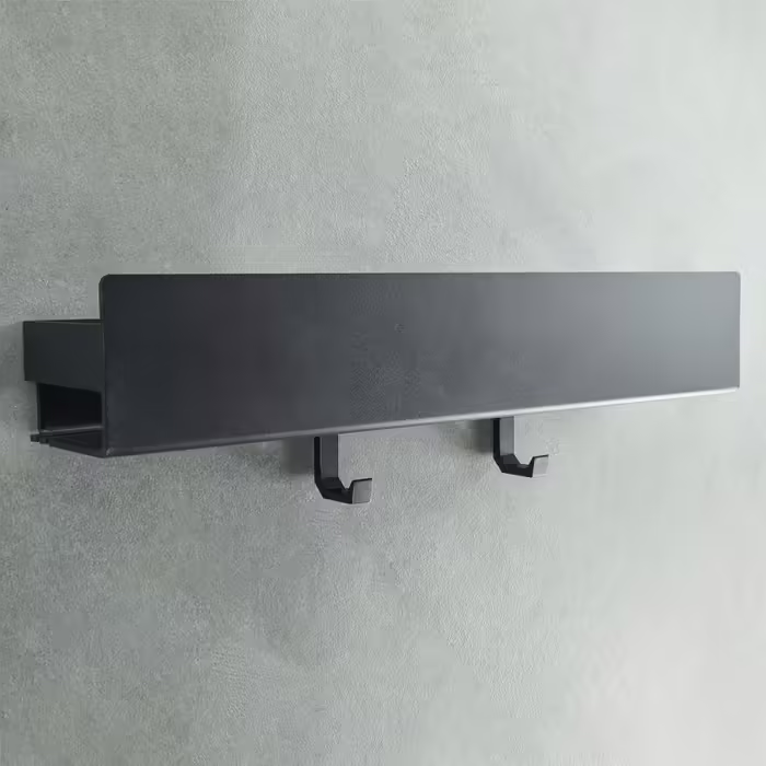 Полиця для душу Designfabrik Hamburg, самоклеюча, без свердління, чорна, 42 см – органайзер для ванної кімнати, настінне підвісне металеве душове та ваннецьке регальне рішення