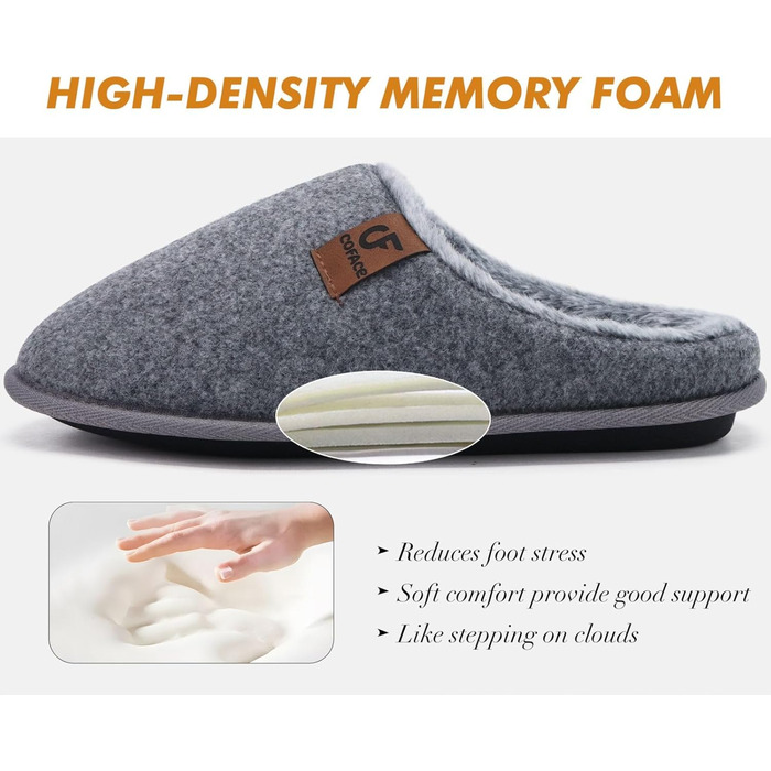 Тапочки чоловічі COFACE з фетру, теплі, зручні, з м'якою підкладкою, антиковзаюча гумова підошва, для дому та вулиці, розмір 40-49 (Сірий, 43 EU)