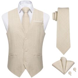Костюм чоловічий DiBanGu льон бежевий: жилет, піджак, краватка, хустинка - 4 предмети, для весілля, вечірки, смокінг, розмір XXL