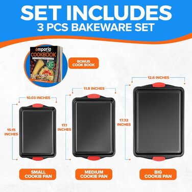 Набір форм для випічки Emporio Kitchen – антипригарне покриття, набір форм для випічки з вуглецевої сталі з силіконовими ручками, без PFOA, PFOS, PTFE, рецептурна книга в комплекті, деко для випікання (чорний, набір з 3 шт.)