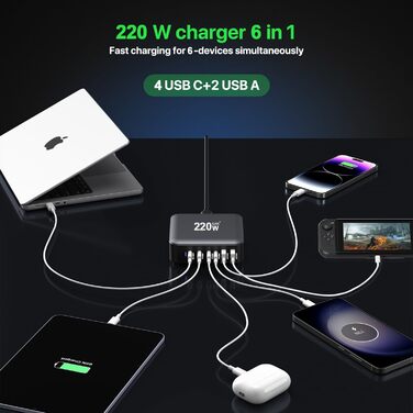 Зарядний пристрій USB-C 200W, 8 портів, GaN адаптер для MacBook Air/iPad/iPhone 15/16/Galaxy S23 - Чорний