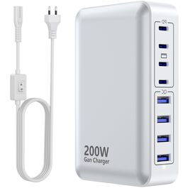 Зарядний пристрій USB-C 200W, 8 портів GaN, швидка зарядка, адаптер PD 65W для ноутбука MacBook/Dell/Steam Deck, iPhone 17/16/15/14, Galaxy S24/S23 (Білий)