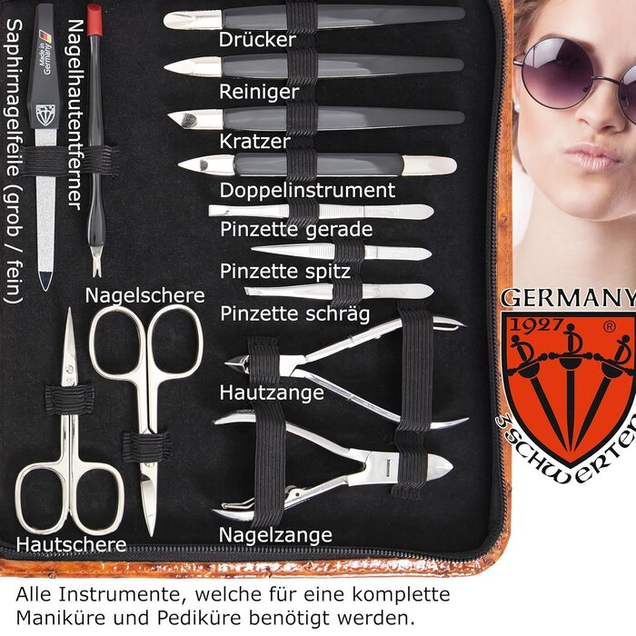 Набір для манікюру DREI SCHWERTER 'Varese' 23 шт. | Німецька якість, етикетка з кожним інструментом, чорний кейс з екошкіри | Манікюрний набір, ножиці, пінцет, ножиці для волосся, кусачки та багато іншого | Колір: Cognac