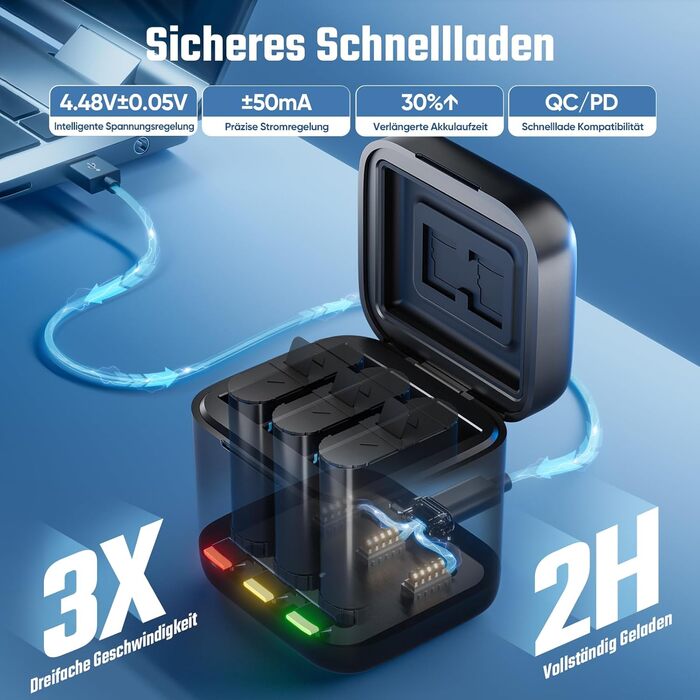 Зарядний пристрій для GoPro Hero 13 Black — 3-канальний зарядний пристрій з швидкою зарядкою, USB-C кабель. Сумісний з GoPro Hero 13 Black, оригінальний акумулятор (без акумулятора). Для Hero 13