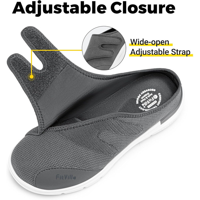 Домашні тапочки FitVille для чоловіків, широкі з кріпленням на липучці, реабілітаційне взуття (48 EU, сірий)